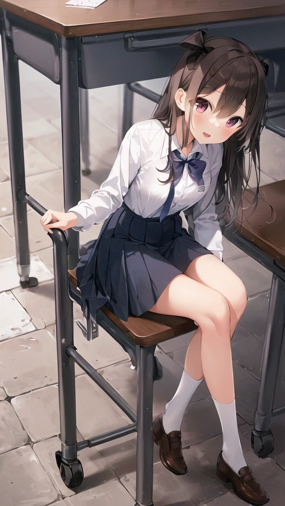 (Best Quality,high resolution:1.2),ultra detailed,realist:1.37, pretty young girl sitting at her school desk, She wears a  with a long skirt and a short shirt, It&#39;s very hot and he&#39;s holding a bottle of water in his hand., and in the other hand a pencil ready to do his homework. Your hair must be black and must be long 