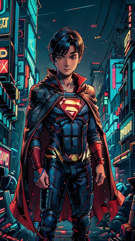 best quality,masterpiece,1boy,solo,(((13years old))),japanese boy,an extremely cute and handsome boy,highly detailed beautiful face and eyes,petit,cute face,lovely face,baby face,shy smile,show teeth, Black hair,Short hair,flat chest,skinny,slender,(((wearing a Superboy costume,red cape))),(((standing in Dark Midnight Neon Glow light Cyberpunk metropolis city))),he is looking at the viewer,