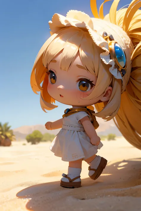 Chibi Girl、Walking through the desert under the scorching sun、Sweat、heat haze、Cute Shoes、whole body、A landscape of nothing but s...