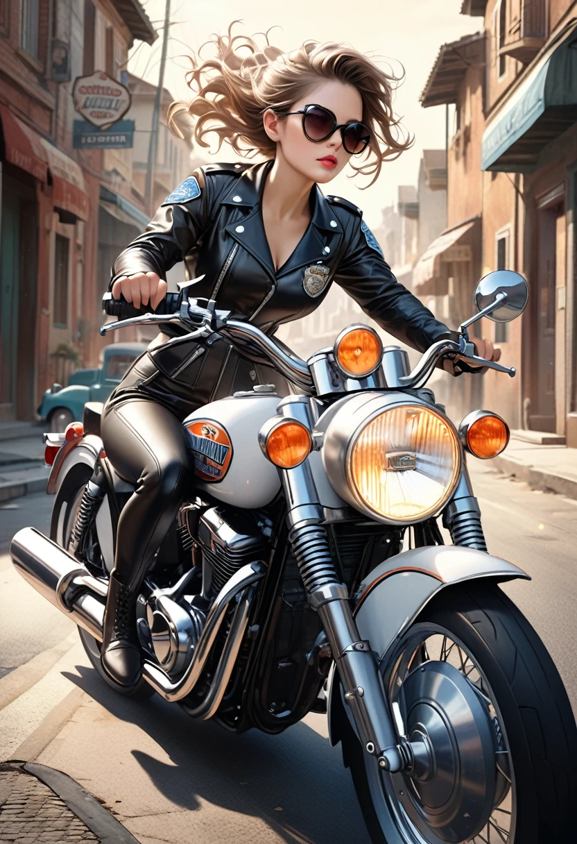 50's style illustration, A beautiful cute police girl riding a white Harley Davidson retro motorcycle, speeding through the local country streets, black leather rider suit and black leather boots, her hair flowing behind her, a powerful and intense profound depiction, 1girl, sunglasses, realistic, photorealistic, cinematic lighting, dramatic atmosphere, intricate details, dynamic composition, stunning colors, hyper-realistic, award winning, masterpiece,