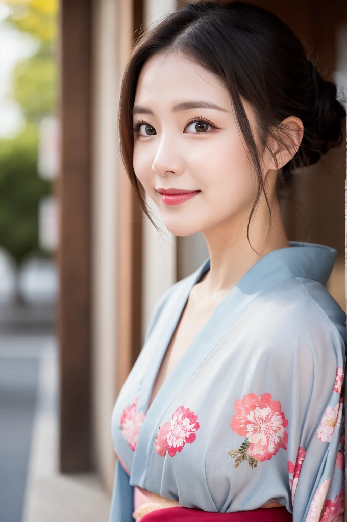 Face :9,1449314384], ulzzang-6500-v1.1, (RAW Photos:1.2), (Photorealistic), Beautiful Mature Woman VN01, Beautiful details, (Genuine: 1.4), Very detailedな目と顔, Beautiful and fine details,  (Japanese Kimono、Elegant Japanese pattern kimono、Komono)、Esbian all over、 (A very loving smile:1.2)、Large file size, High resolution, Very detailed, Highest quality, [masterpiece:1.6], Awareness-raising, Very detailed, Hmph, In detail, Highest quality, 8k wallpaper, Cinema Lighting, One mature woman, 37 years old, Perfect figure, Cute droopy eyes、Beautiful big eyes、(I keep my hair up and short)、 ((masterpiece)), Highest quality, One mature woman, eye shadow, Upper Body, Portraiture, ((Full Body Shot:1.14))、