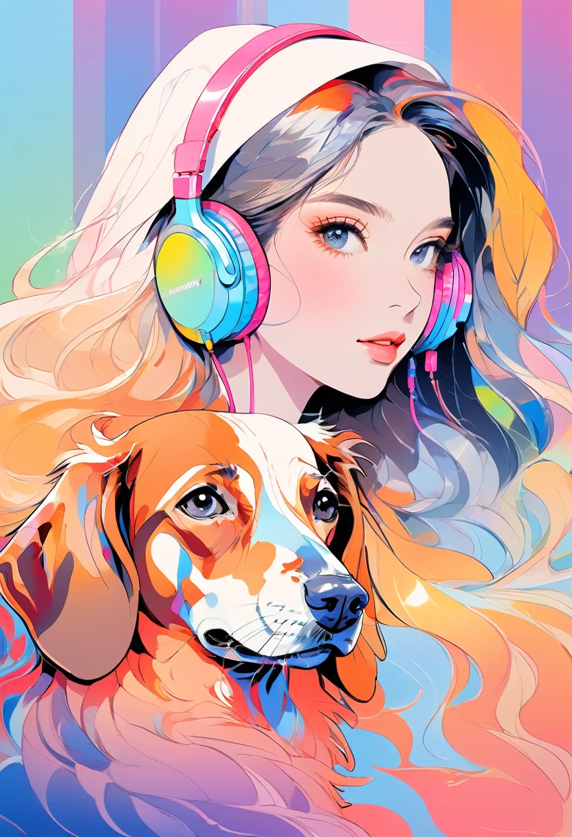 (Highest quality:0.8), (Highest quality:0.8), Perfect illustration,Portrait of a beautiful woman and her dog、image、Complex、Blueprint、Beauty with headphones、Dachshund、Colorful colors、Rainbow Gradient