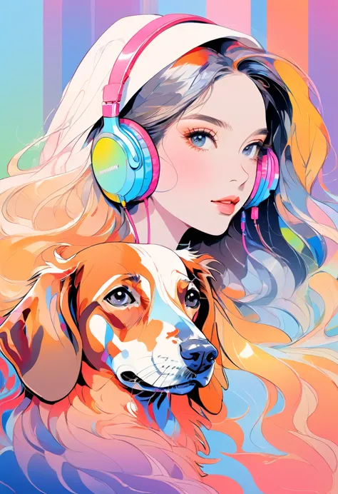 (Highest quality:0.8), (Highest quality:0.8), Perfect illustration,Portrait of a beautiful woman and her dog、image、Complex、Bluep...