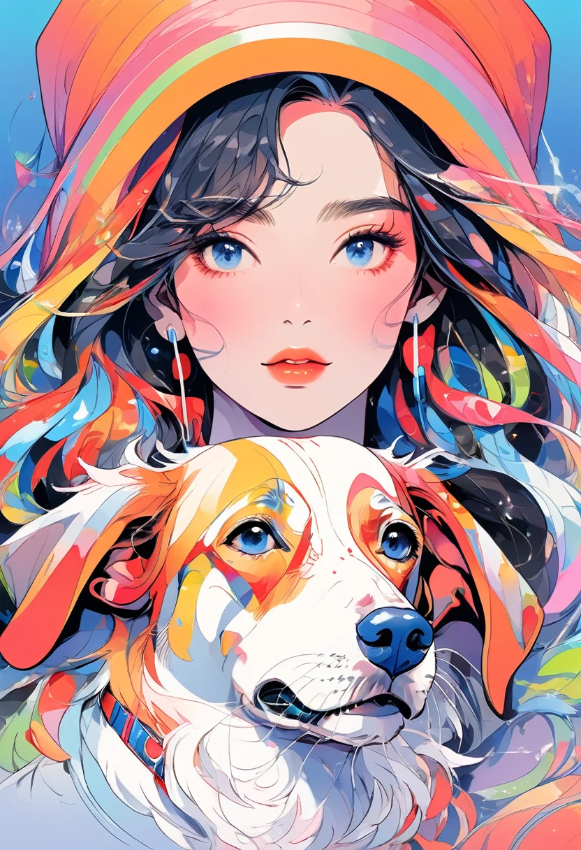 (Highest quality:0.8), (Highest quality:0.8), Perfect illustration,Portrait of a beautiful woman and her dog、image、Complex、Blueprint、Beauty with headphones、Dachshund、Colorful colors、Rainbow Gradient