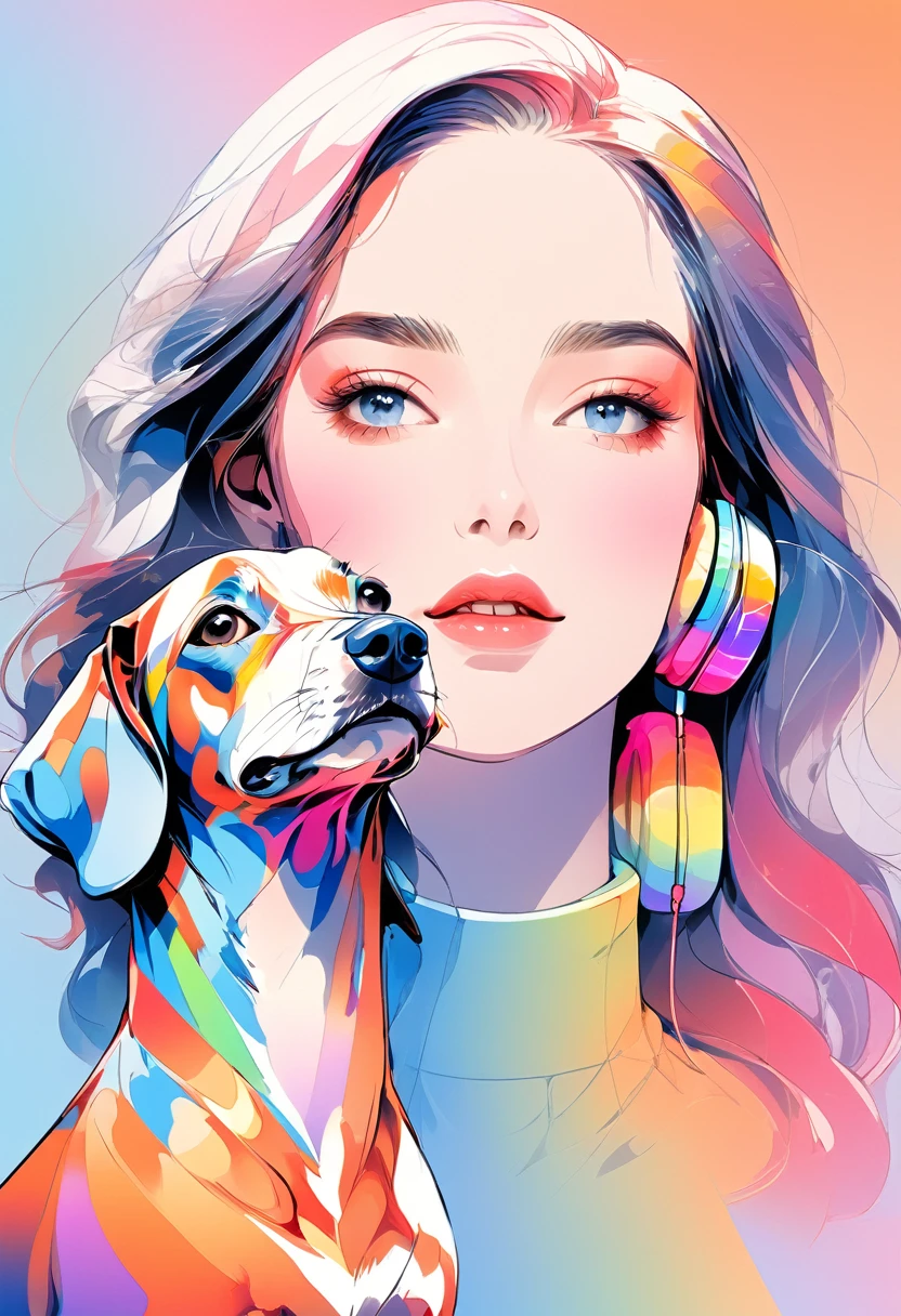 (Highest quality:0.8), (Highest quality:0.8), Perfect illustration,Portrait of a beautiful woman and her dog、image、Complex、Blueprint、Beauty with headphones、Dachshund、Colorful colors、Rainbow Gradient