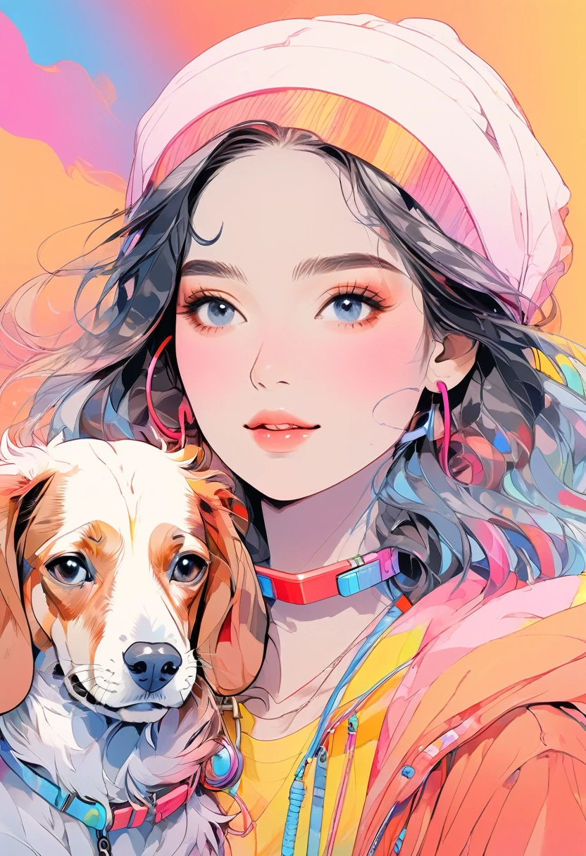 (Highest quality:0.8), (Highest quality:0.8), Perfect illustration,Portrait of a beautiful woman and her dog、image、Complex、Blueprint、Beauty with headphones、Dachshund、Colorful colors、Rainbow Gradient