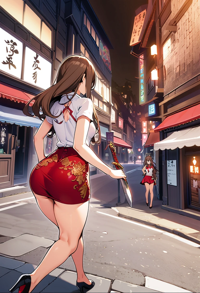 A richly decorated sword, (artwork: 0.8), Black and red dress, a woman walking down the street in her short skirt while her hand is on her hip, 1girl, 独奏, high heels, skirt, long hair, brown hair, shirt, from behind, Ass, underwear