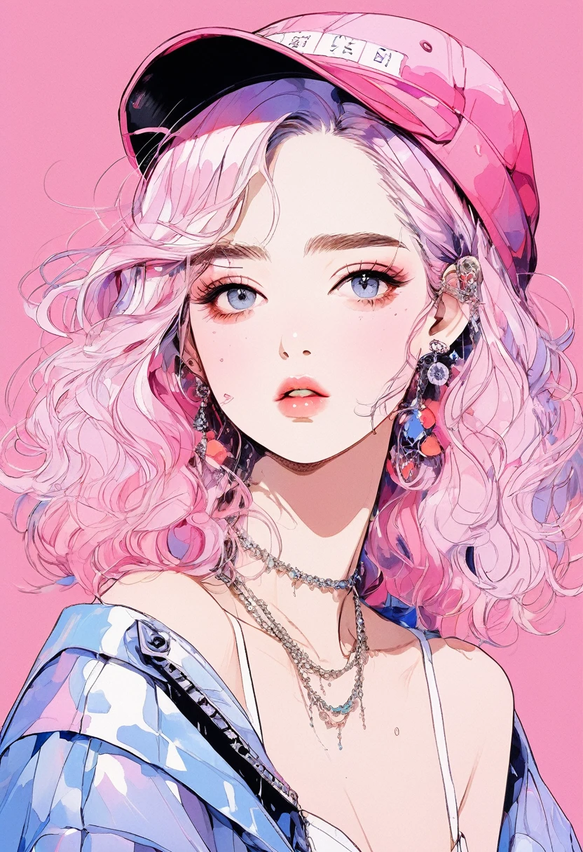 (Highest quality:0.8), (Highest quality:0.8), Perfect illustration,Beautiful woman portrait、One girl, bangs, Black nails, Blonde, Mouth closed, clavicle, ear Earrings, Earrings, Fashion G, hair ornaments, Food, Foodie, Jacket, jewelry, looking at iniewer, Medium Hair, Manicure, necklace, Earrings, short hair, hydrangea in the background、Hydrangea on background, sleeines past wrists, 一人in, Both sides up, Upper Body, in, Pop Background、Droopy eyes、Celebrity Hat Pink Gradient Hair Color、rainy season、summer、