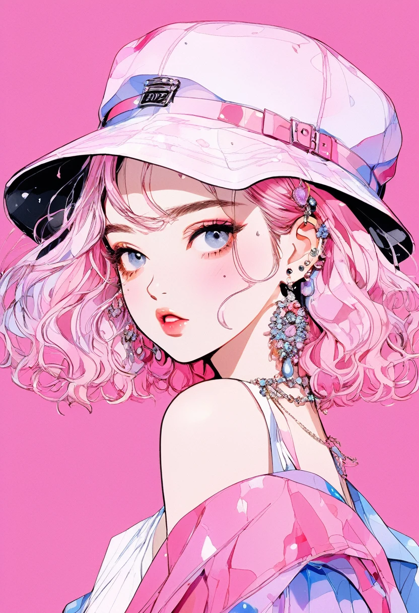 (Highest quality:0.8), (Highest quality:0.8), Perfect illustration,Beautiful woman portrait、One girl, bangs, Black nails, Blonde, Mouth closed, clavicle, ear Earrings, Earrings, Fashion G, hair ornaments, Food, Foodie, Jacket, jewelry, looking at iniewer, Medium Hair, Manicure, necklace, Earrings, short hair, hydrangea in the background、Hydrangea on background, sleeines past wrists, 一人in, Both sides up, Upper Body, in, Pop Background、Droopy eyes、Celebrity Hat Pink Gradient Hair Color、rainy season、summer、