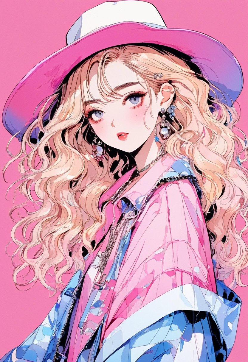 (Highest quality:0.8), (Highest quality:0.8), Perfect illustration,Beautiful woman portrait、One girl, bangs, Black nails, Blonde, Mouth closed, clavicle, ear Earrings, Earrings, Fashion G, hair ornaments, Food, Foodie, Jacket, jewelry, looking at iniewer, Medium Hair, Manicure, necklace, Earrings, short hair, hydrangea in the background、Hydrangea on background, sleeines past wrists, 一人in, Both sides up, Upper Body, in, Pop Background、Droopy eyes、Celebrity Hat Pink Gradient Hair Color、rainy season、summer、