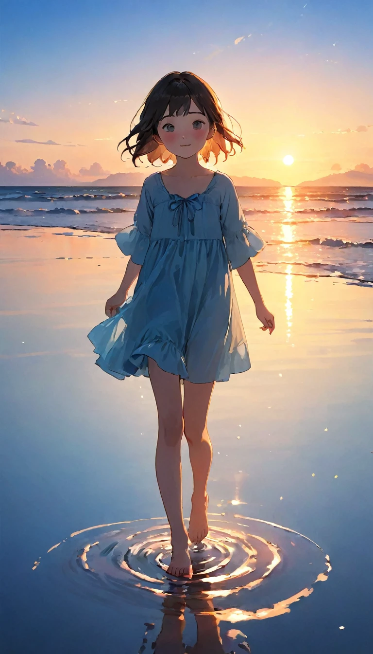 masterpiece, Highest quality, Movie stills, 1 Girl, Sky reflected on the sea surface、Mirror-like water surface、Reflective water surface、I can see your ankles、barefoot、sunset、Beautiful sky, close, bright, Happy, Warm and soft lighting, sunset, (spark:0.7)