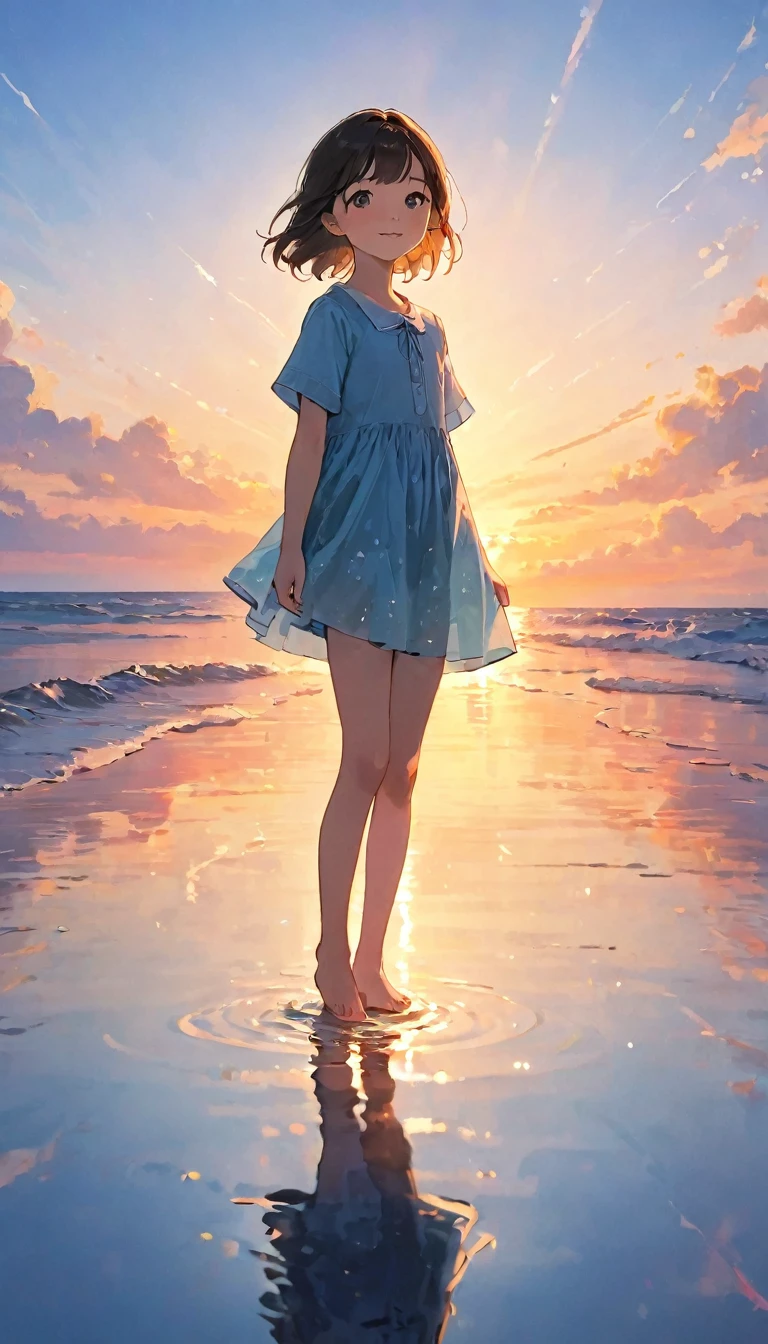 masterpiece, Highest quality, Movie stills, 1 Girl, Sky reflected on the sea surface、Mirror-like water surface、Reflective water surface、I can see your ankles、barefoot、sunset、Beautiful sky, close, bright, Happy, Warm and soft lighting, sunset, (spark:0.7)