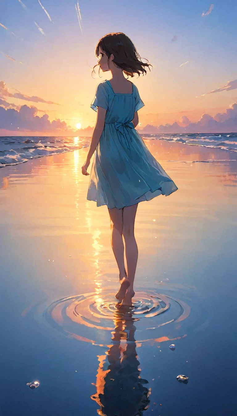 masterpiece, Highest quality, Movie stills, 1 Girl, Sky reflected on the sea surface、Mirror-like water surface、Reflective water surface、I can see your ankles、barefoot、sunset、Beautiful sky, close, bright, Happy, Warm and soft lighting, sunset, (spark:0.7)