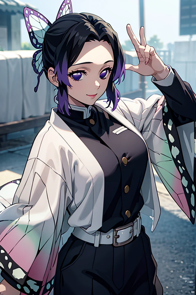 (masterpiece:1.3), (best quality:1.1), (8k, ultra detailed, ultra high res:1.2), (anime style), perfect 5 fingers, (perfect anatomy:1.1), 
1girl,
Shinobu Kochou, 
BREAK short hair, black hair, hair intakes, gradient hair, 
purple eyes, 
bow in hair, butterfly, 
large breasts,  
BREAK black shirt, black tethered pants, white haori, smile, 
looking at viewer, 
cowboy shot, 
perfect light, standing, outdoors, age of Edo, 