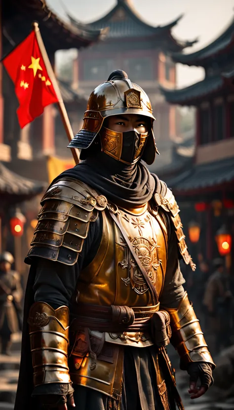 As the sun began to set, The warm golden color of the sun shone on his clothes, Soldiers in traditional Chinese armor, waving wh...