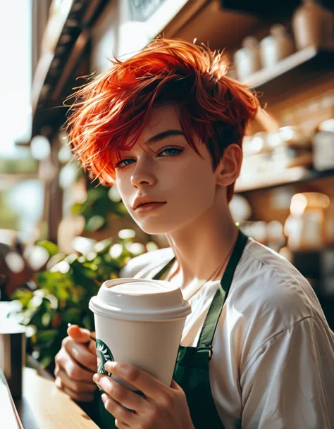 score_9, score_8_up, score_7_up, handsome tomboy , red hair ,barista , coffee shop