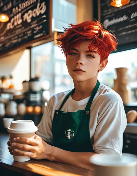 score_9, score_8_up, score_7_up, handsome tomboy , red hair ,barista , coffee shop