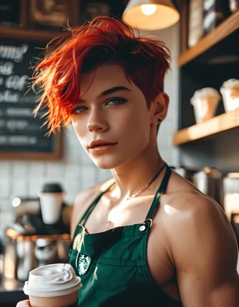 score_9, score_8_up, score_7_up, handsome tomboy , red hair ,barista , coffee shop