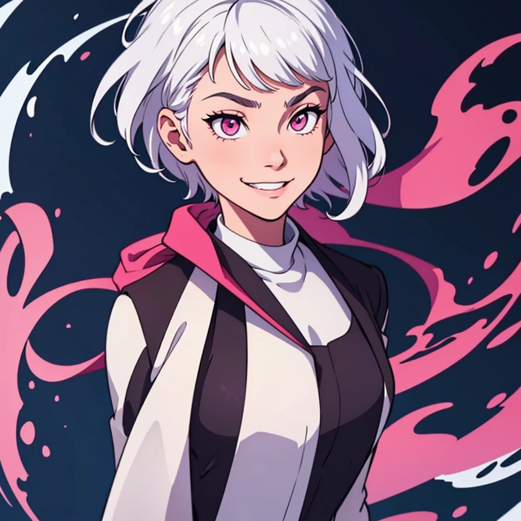 short white hair, highres, high resolution, masterpiece, wide dark pink eyes, looking right, looking towards the right, looking rightward, head looking down, facing down, looking straight down, looking seriously down, looking into camera, head tilting down, head facing down, talking, grinning, confident, masterpiece, best quality, highres, 1 man, Gojo Satoru jujutsu kaisen, wavy hair, white hair, medium short hair, teenager, colorful hair, light background, full body, teenager, colorful parts, symbols, dark , bold, realistic mixing dark lines and loose lines, bold lines, on paper, human man, full body, imposing pose, stylish outfit, dark theme, beautiful, pretty, modest, standing, male, sharp chin, high cheekbones, white background, highres, high resolution, masterpiece, grinning, smiling, friendly smirk, mouth open, talking speaking