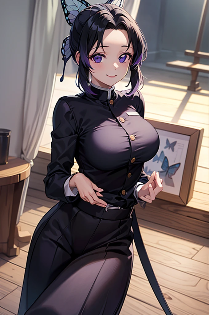 (masterpiece:1.3), (best quality:1.1), (8k, ultra detailed, ultra high res:1.2), ((anime style)), perfect 5 fingers, perfect anatomy, 
1girl,
BREAK short hair, black hair, hair intakes, gradient hair, 
purple eyes, 
bow in hair, butterfly, 
large breasts,  
BREAK black shirt, black tethered pants, white haori, smile, 
looking at viewer, 
cowboy shot, 
perfect light, indoors, 