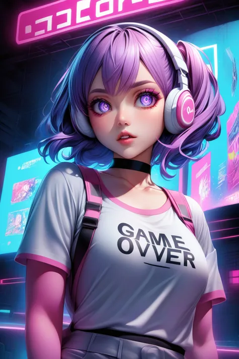 this is a digital illustration of an anime girl wearing a grey bra top with a pink trim and the words "game over" written over t...