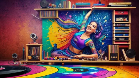 (Best Quality,ultra detailed),(realist:1.37)dj girl, (((vinyl shelf))), Lively dance floor, foreshortening, (seductive position)...