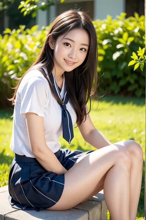 pure japanese school girl, outstanding body, beautiful legs, wearing uniform, panty, natural hairstyles, sweet smile, sitting, r...