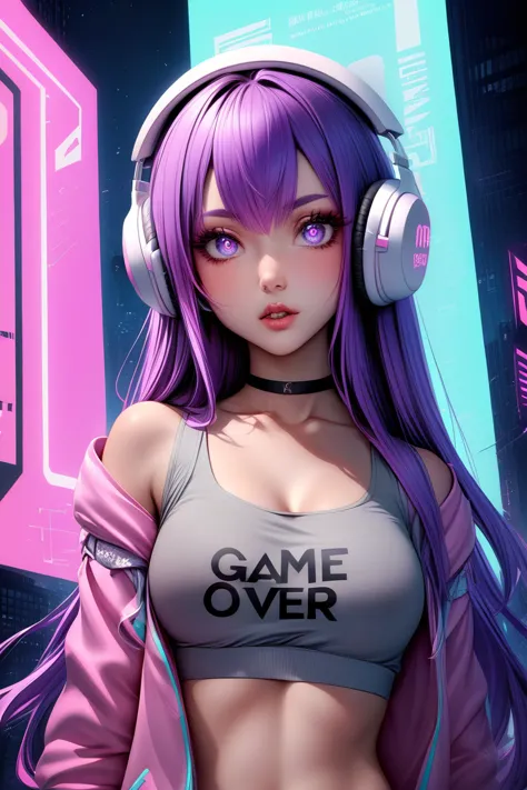 this is a digital illustration of an anime girl wearing a grey bra top with a pink trim and the words "game over" written over t...