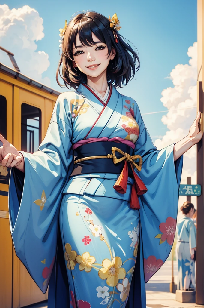 Una hermosa mujer sonriente con un kimono saluda a la gente con una actitud alegre. "Buen día" mientras sus brazos se abren bajo el cielo azul