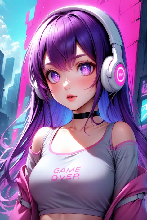 this is a digital illustration of an anime girl wearing a grey bra top with a pink trim and the words "game over" written over t...