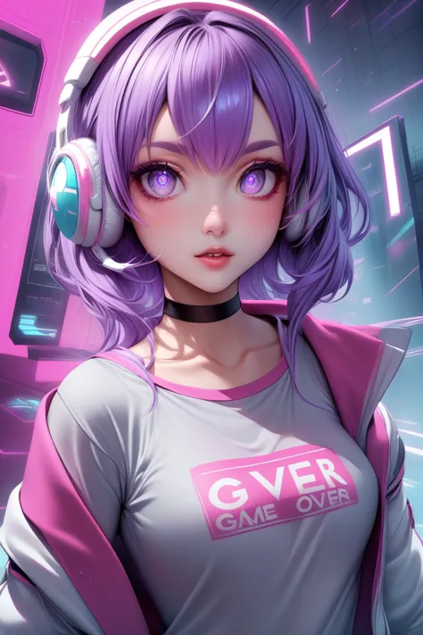 this is a digital illustration of an anime girl wearing a grey bra top with a pink trim and the words "game over" written over t...