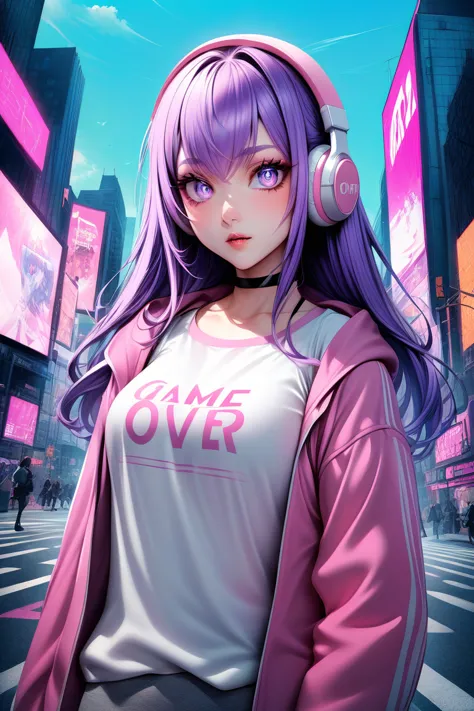 this is a digital illustration of an anime girl wearing a grey bra top with a pink trim and the words "game over" written over t...