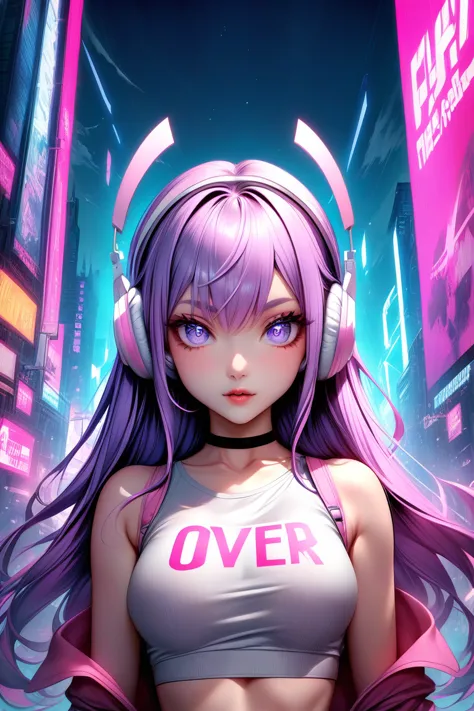 this is a digital illustration of an anime girl wearing a grey bra top with a pink trim and the words "game over" written over t...