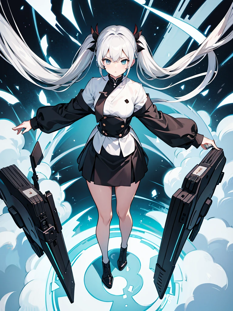 White capellets、Black high neck shirt、Black Pencil Skirt、black tights, full body、looking back, from above、clear face, silver hair, twintails, anime, tachi-e, masterpiece, best quality, 4K
