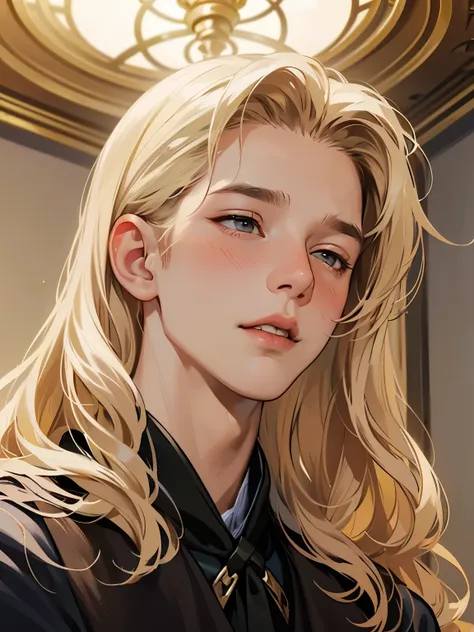 ((1man about 18 years old)), blond, medium-long, middle-part wavy hair, nose blush, medieval european formal attire, from below,...