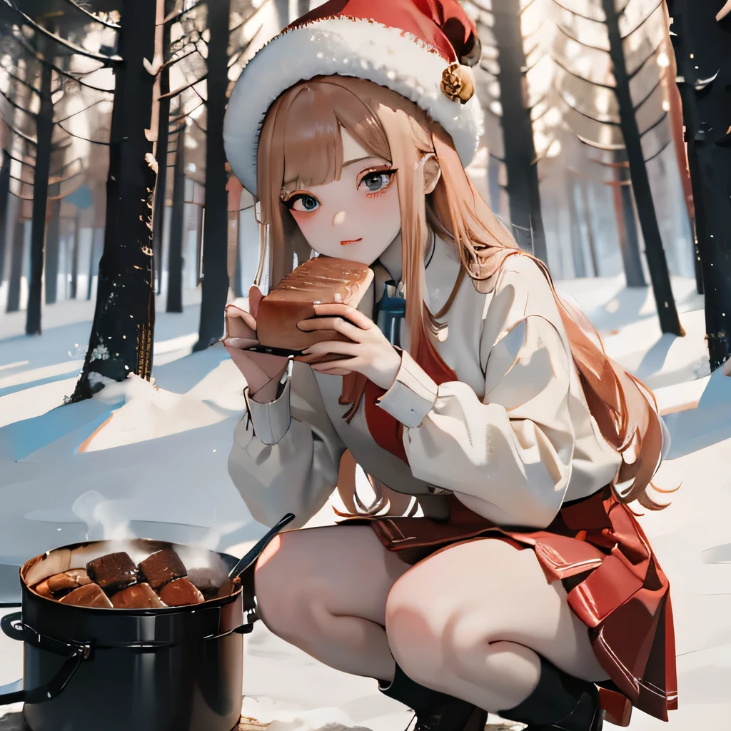 masterpiece, Highest quality, 8k wallpaper, Very detailed, A girl about 12 years old, Golden Hair, Long Hair, fine grain、(Red Skirt)、 White dress shirt,(A single large red flower hair ornament)，Light blue eyes、Dark Taste、wearing a warm fur hat、(In the winter forest)、Grilling a large piece of meat、Eating meat、Crouching on the ground、((Shooting from the front))、Expressionless、(You can see the striped panties)