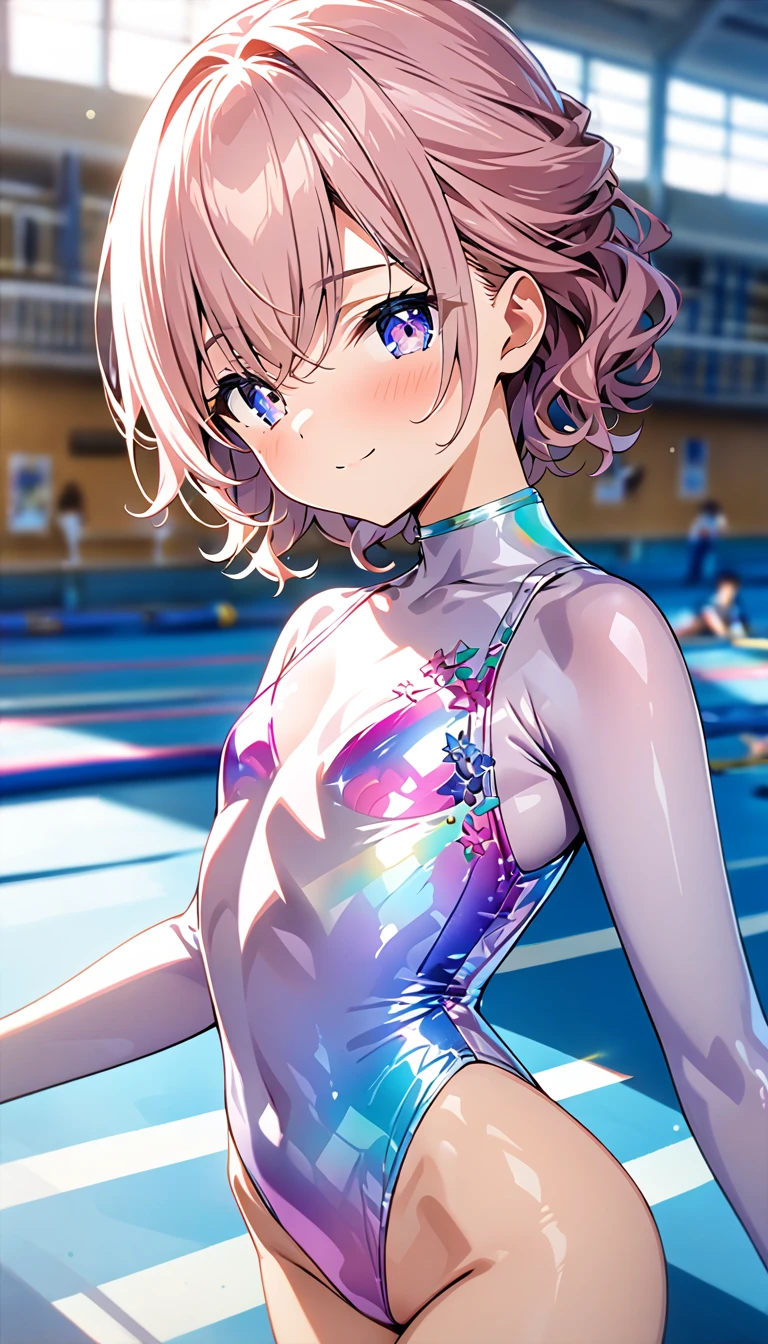 highquality illustration, masterpiece, very delicate and beautiful, attractive girl,(gymnastics leotard, Floral patterns leotard,long sleeve leotard with glittery decoration,high_leg leotard,athletic leotard,tight-fit leotard,iridescent gradient leotard,long-sleeve leotard,athlete leotard),thin,slender body,slim,high school,gymnasium background,gymnastics club,gymnastics athlete,princess, beautiful eyes,light smile,(masterpiece, best quality:1.2), highres, extremely detailed CG unity 8k wallpaper, perfect lighting, Colourful, ultra-high res,4K,ultra-detailed, photography, 8K, HDR, 17 ages, 