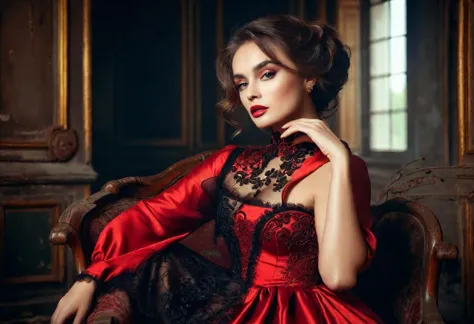 there is a woman in a red dress sitting on a chair, old worn and tattered chair, gorgeous woman, seductive lady, high - end fash...