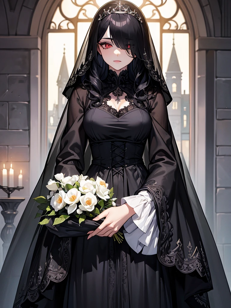 (Super detailed:1.3), ((((best quality)))), ((masterpiece)), female focus, solo,hotify, stunning beauty, powerful glow, detailed face, detailed eyes, detailed lips,castle interior background,(nighttime),moonlight,((black hair)),long hair, black mourning dress,((mourning veil)),red eyes, (pale skin:1.2),melancholic expression,straight bangs,bangs covering forehead,almond-shaped eyes,very cute face,cowboy shot, (hair over one eye),sheer sleeves,2 arms