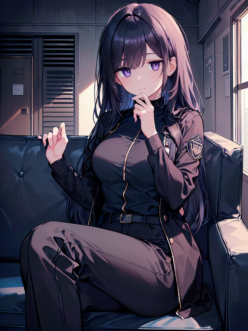 (Uhd, Masterpiece, Textured Skin, Super Detail, High Details, High Quality, Best Quality), Detailed Face, 1woman, mature pretty woman, ((Long Dark Blue eyes hair)), ((Black Secret agent clothes), (Pants), inside a facility center, (hiding behind a sofa), (Side Bangs over an eye), (Kawaii expression, cute), (trying to hide:1.5)