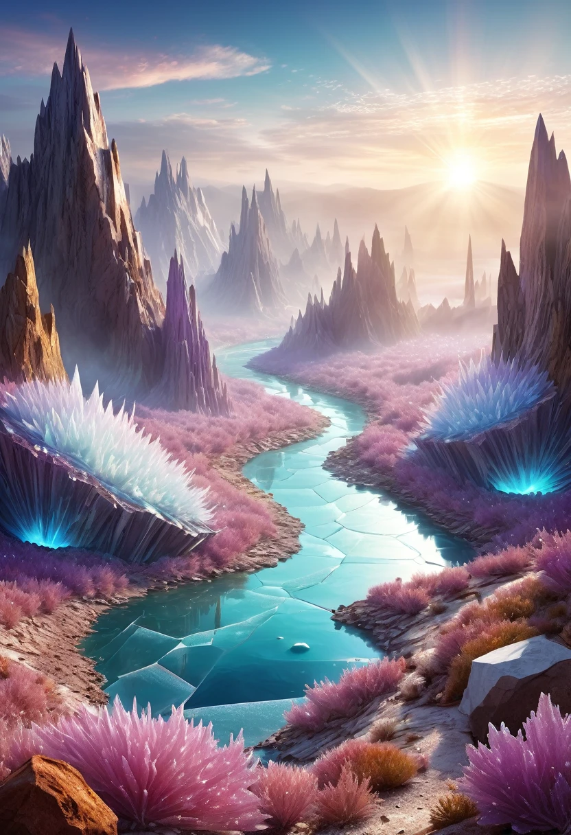 Planet of crystals and gems, (((crystals and gems)), fantasy art alien planet, valley of crystals and salt deposits, a river with crystalline banks runs diagonally, Samdoesarts style. Stunning landscape, Huge scale, soft colors, Muted contrast, very detailed and confusing. river valley. Valley of crystals on the planet, space fiction, many sharp protruding crystals, crystals sparkle and shimmer, light fog,  sunrise. divine rays, sharp focus, very sharp crystals, Winding River