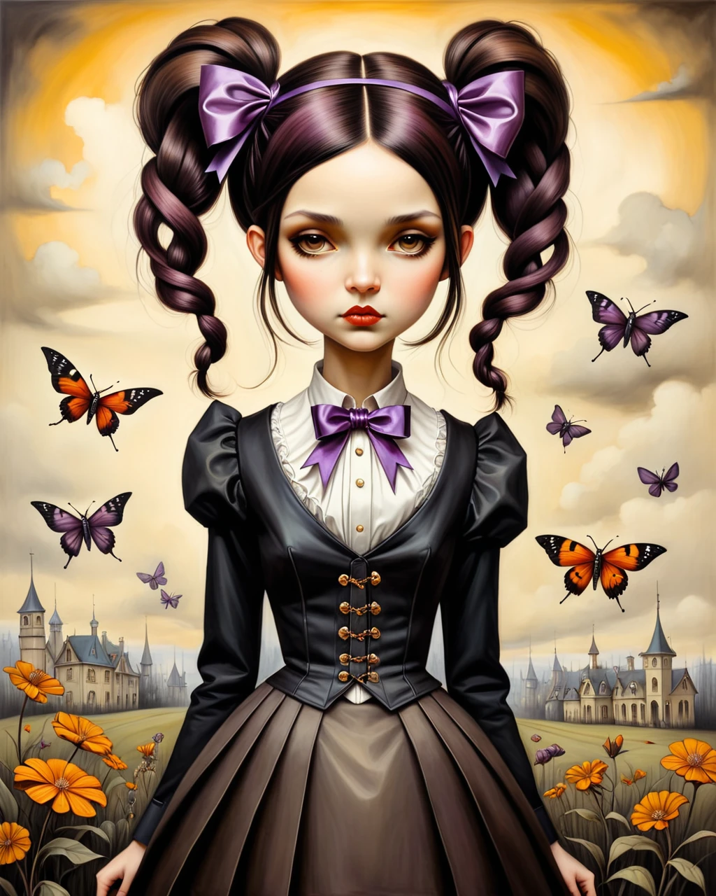 VIOLET BAUDELAIRE LEMONY SNICKET A SERIES OF UNFORTUNATE EVENTS GIRL WITH LONG BROWN HAIR PURPLE RIBBON BLUNT BANGS EDWARDIAN VICTORIAN GOTHIC STEAMPUNK INVENTOR origami style in the style of tente Andrews,tente Andrews style,tente Andrews art,tente Andrewsa painting of a girl gothic wednesday addams pale black hair two braids style of tente Andrews, estilo artístico de andrews esao, inspired por Esaú Andrews, tente Andrews ornate, por Esaú Andrews, tente Andrews, inspired por ESAO, por ESAO,  earley, shrubs and flowers tente Andrews, benjamin lacombe, 1 garota, bug in the style of tente Andrews, tente Andrews . arte em papel, papel plissado, guardada, arte origami, Pregas, Corte e dobre, composição centrada