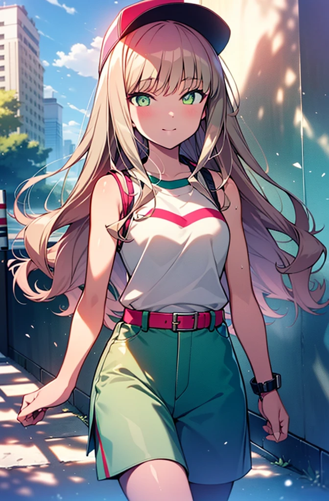 minami yume ,sss Dynazenon ,Long Hair, Brown Hair, (Green Eyes:1.5) ,blush,smile,hair band,Sleeveless shirt,Baseball cap,Long skirt,sneakers,Daytime,Clear skies,Walking,whole bodyがイラストに入るように,　　　　　　break　looking at viewer, whole body, 　　　　　　　break outdoors ,Building district,　　　　　　　　　　　　break (masterpiece:1.2), Highest quality, High resolution, unity 8k wallpaper, (shape:0.8), (Beautiful and beautiful eyes:1.6), Highly detailed face, Perfect lighting, Extremely detailed CG, (Perfect hands, Perfect Anatomy),