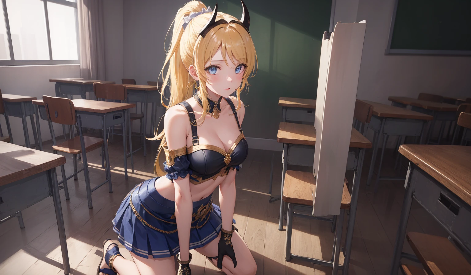 eliayase, eli ayase, yellow hair, blue eyes, ponytail, hair ribbon, medium breast,
BREAK blue skirt, bracer, circlet, crop top, dancer, detached sleeves, fake horns, gladiator sandals, gold footwear, gold trim, horns,
BREAK looking at viewer,standing, leaning forward, (arms behind back:1.2),
BREAK indoors, classroom, 
BREAK (masterpiece:1.2), best quality, high resolution, unity 8k wallpaper, (illustration:0.8), (beautiful detailed eyes:1.6), extremely detailed face, perfect lighting, extremely detailed CG, (perfect hands, perfect anatomy),a woman in a  kneeling on the floor, beautiful detailed body and face, barechest, riding, app, clothes fully on, 8 x, x, teasing, hololive, ::