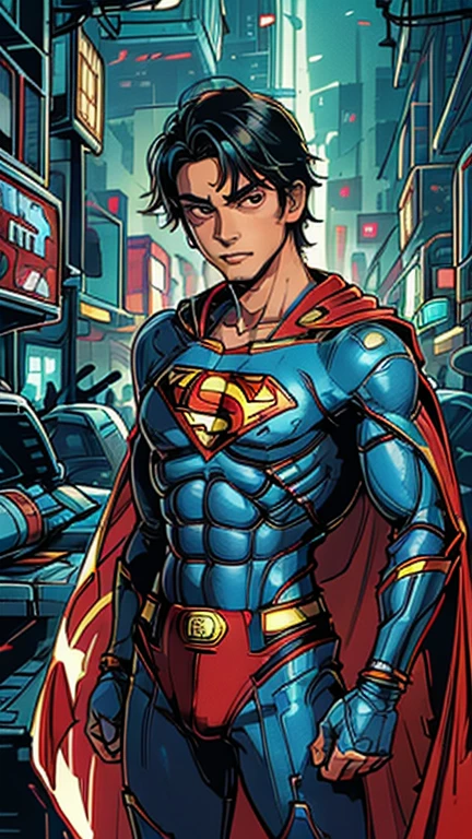best quality,masterpiece,1boy,solo,(((13years old))),japanese boy,an extremely cute and handsome boy,highly detailed beautiful face and eyes,petit,cute face,lovely face,baby face,shy smile,show teeth, Black hair,Short hair,flat chest,skinny,slender,(((wearing a Superman costume,red cape))),(((standing in Dark Midnight Neon Glow light Cyberpunk metropolis city))),he is looking at the viewer,