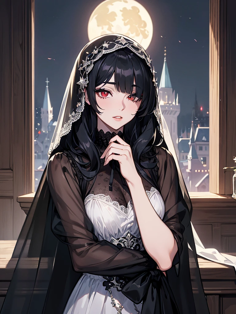 (Super detailed:1.3), ((((best quality)))), ((masterpiece)), female focus, solo,hotify, stunning beauty, powerful glow, detailed face, detailed eyes, detailed lips,castle interior background,(nighttime),moonlight,((black hair)),long hair, black mourning dress,((mourning veil)),red eyes, (pale skin:1.2),melancholic expression,straight bangs,bangs covering forehead,almond-shaped eyes,very cute face,cowboy shot, (hair over one eye),sheer sleeves,2 arms