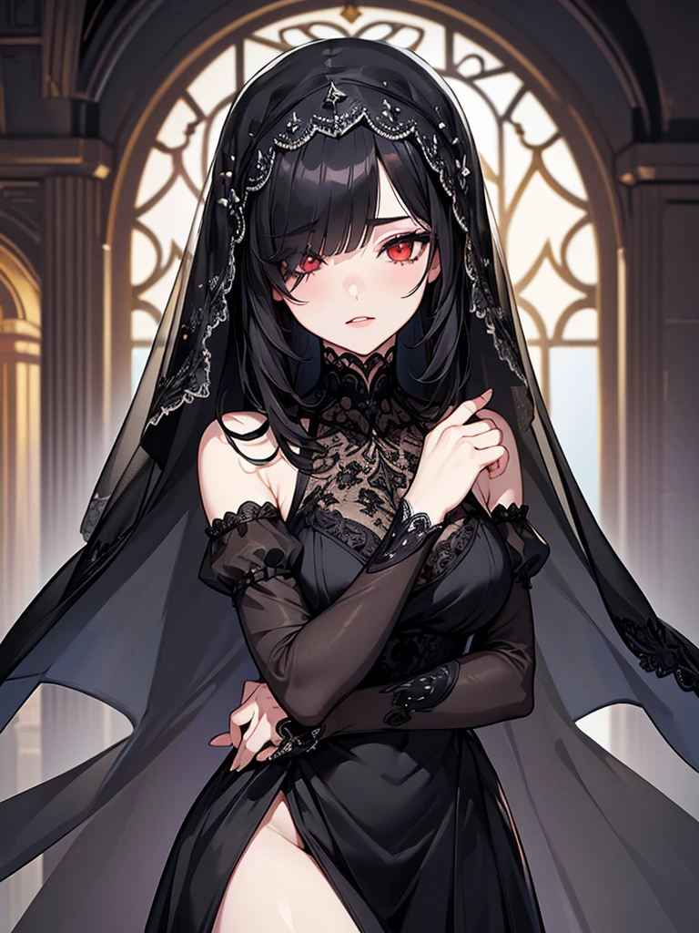 (Super detailed:1.3), ((((best quality)))), ((masterpiece)), female focus, solo,hotify, stunning beauty, powerful glow, detailed face, detailed eyes, detailed lips,castle interior background,(nighttime),moonlight,((black hair)),long hair, black mourning dress,((mourning veil)),red eyes, (pale skin:1.2),melancholic expression,straight bangs,bangs covering forehead,almond-shaped eyes,very cute face,cowboy shot, (hair over one eye),sheer sleeves,2 arms