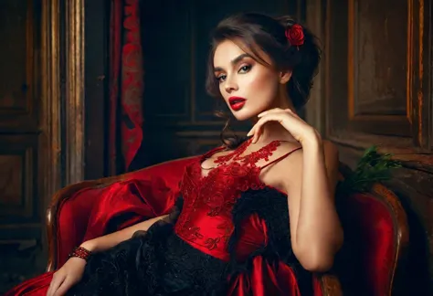 there is a woman in a red dress sitting on a chair, old worn and tattered chair, gorgeous woman, seductive lady, high - end fash...