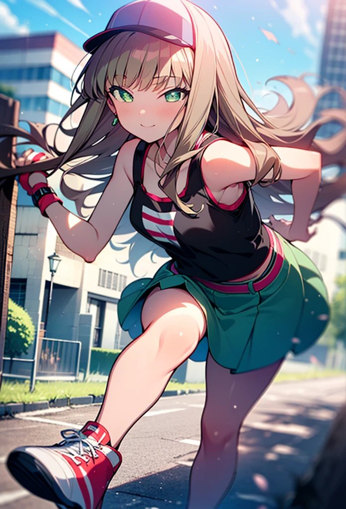 minami yume ,sss Dynazenon ,Long Hair, Brown Hair, (Green Eyes:1.5) ,blush,smile,hair band,Sleeveless shirt,Baseball cap,Long skirt,sneakers,Daytime,Clear skies,Walking,whole bodyがイラストに入るように,　　　　　　break　looking at viewer, whole body, 　　　　　　　break outdoors ,Building district,　　　　　　　　　　　　break (masterpiece:1.2), Highest quality, High resolution, unity 8k wallpaper, (shape:0.8), (Beautiful and beautiful eyes:1.6), Highly detailed face, Perfect lighting, Extremely detailed CG, (Perfect hands, Perfect Anatomy),