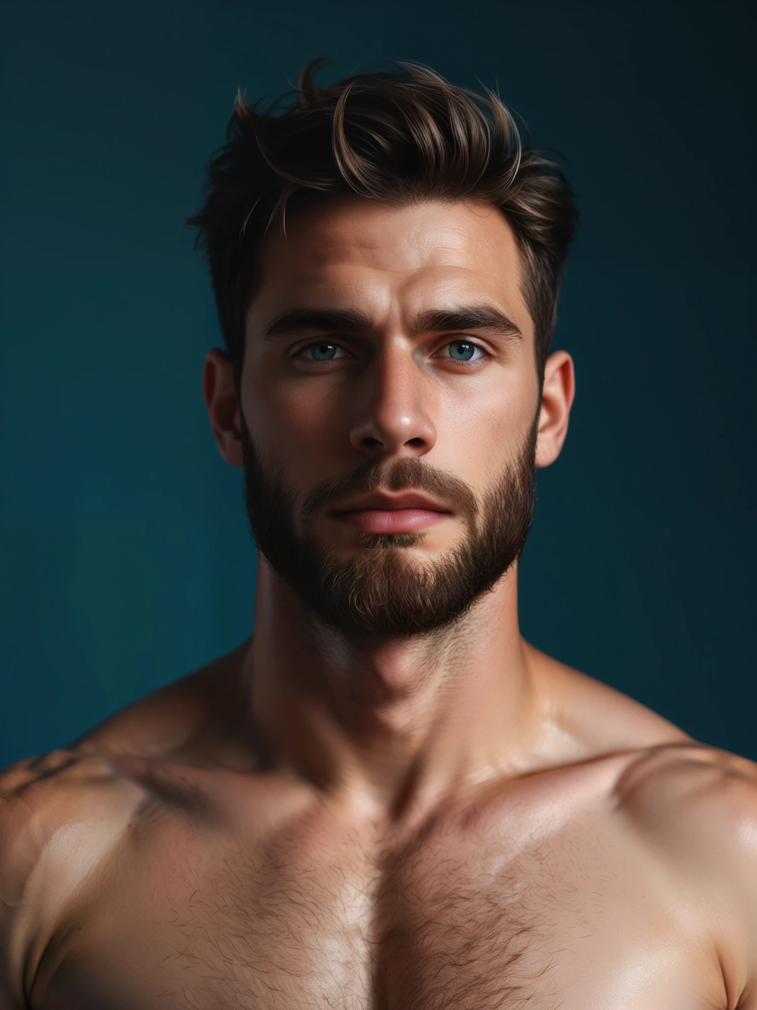a man, shirtless, chest showing, body hair, big beard, front view

